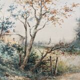 Watercolor painting by Eduard Heller (born in 1852) "Wooded Landscape in a Village"