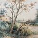Watercolor painting by Eduard Heller (born in 1852) "Wooded Landscape in a Village"