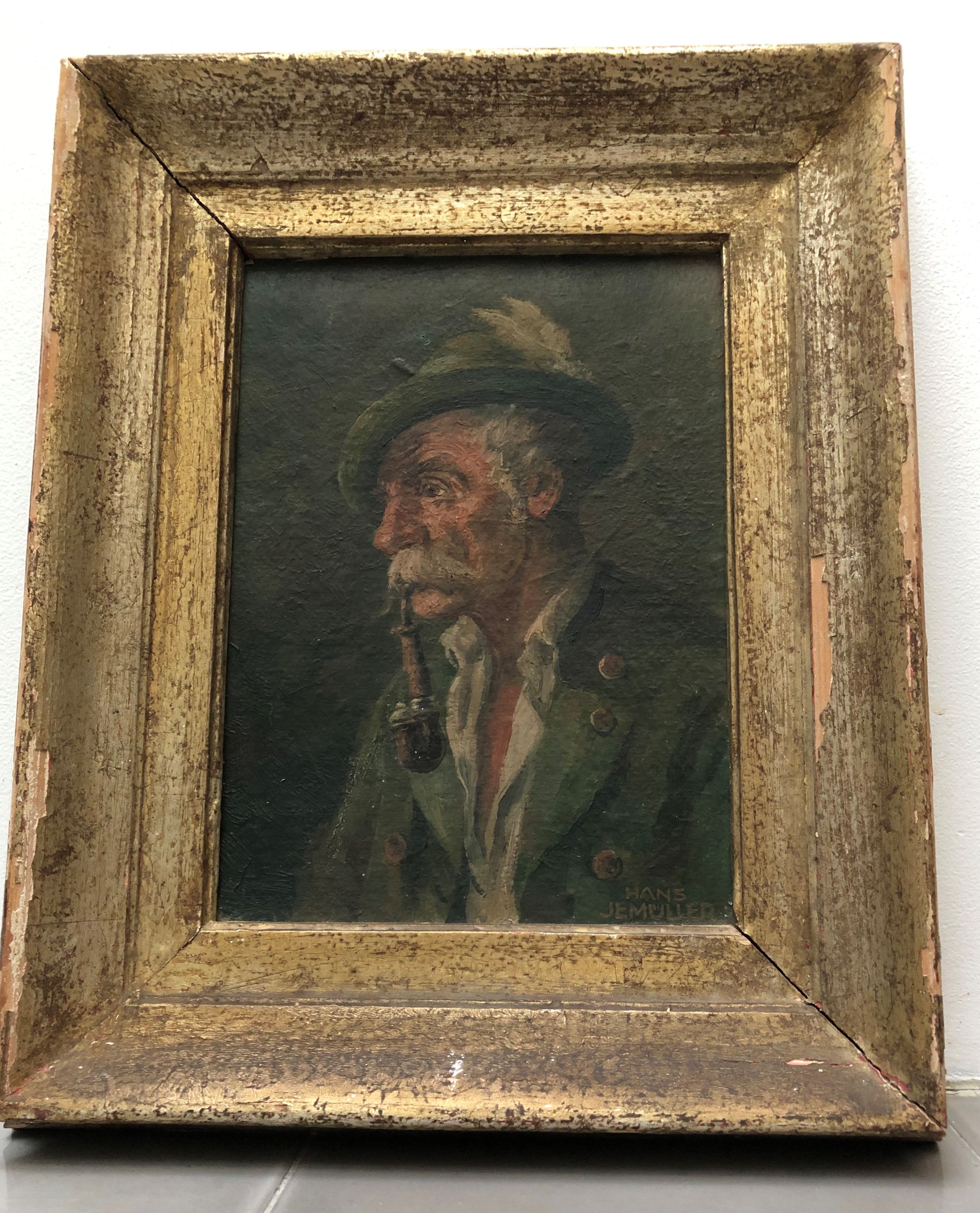Portrat painting old man smoking a pipe
