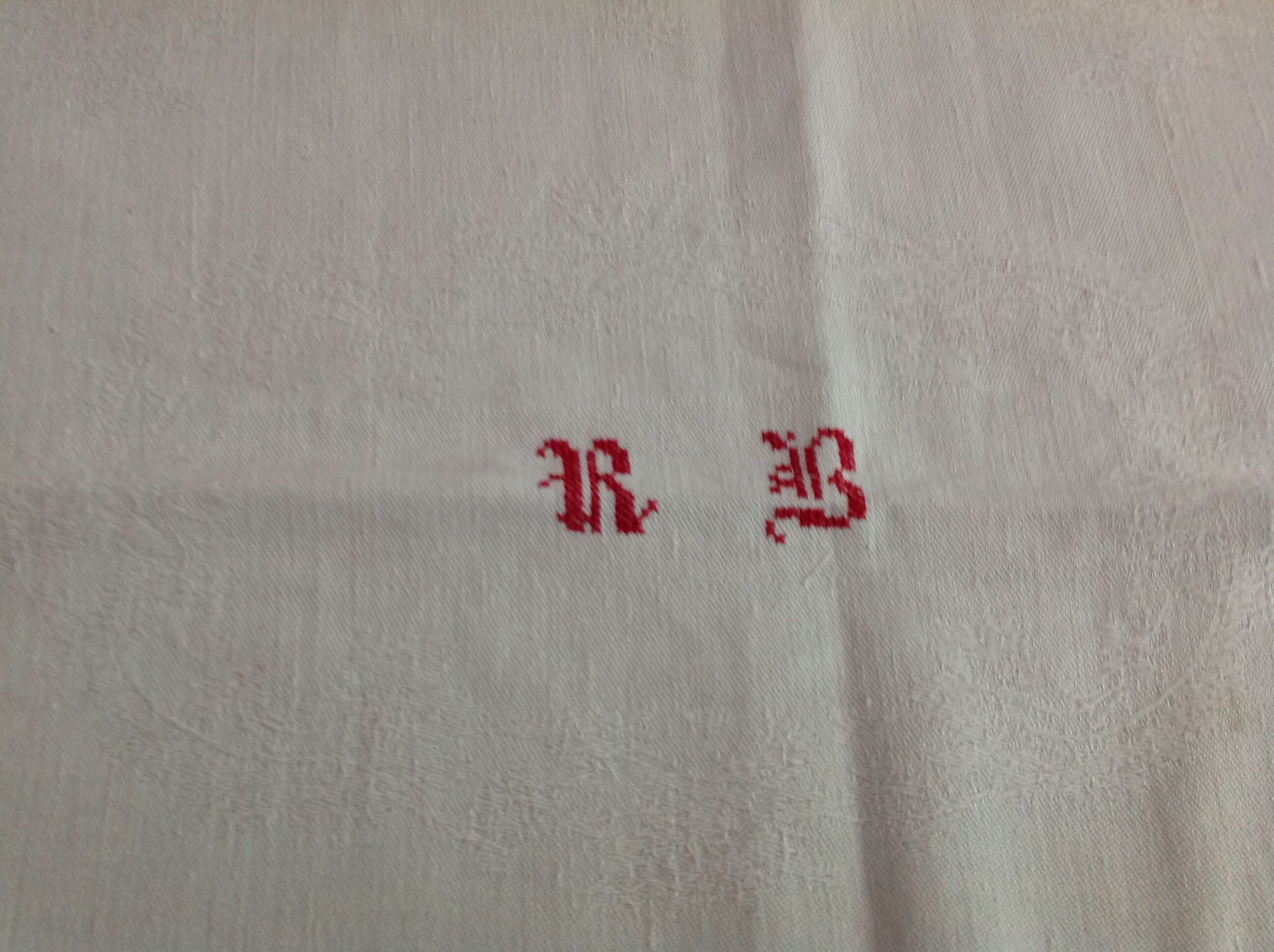 Red and white damask tablecloth