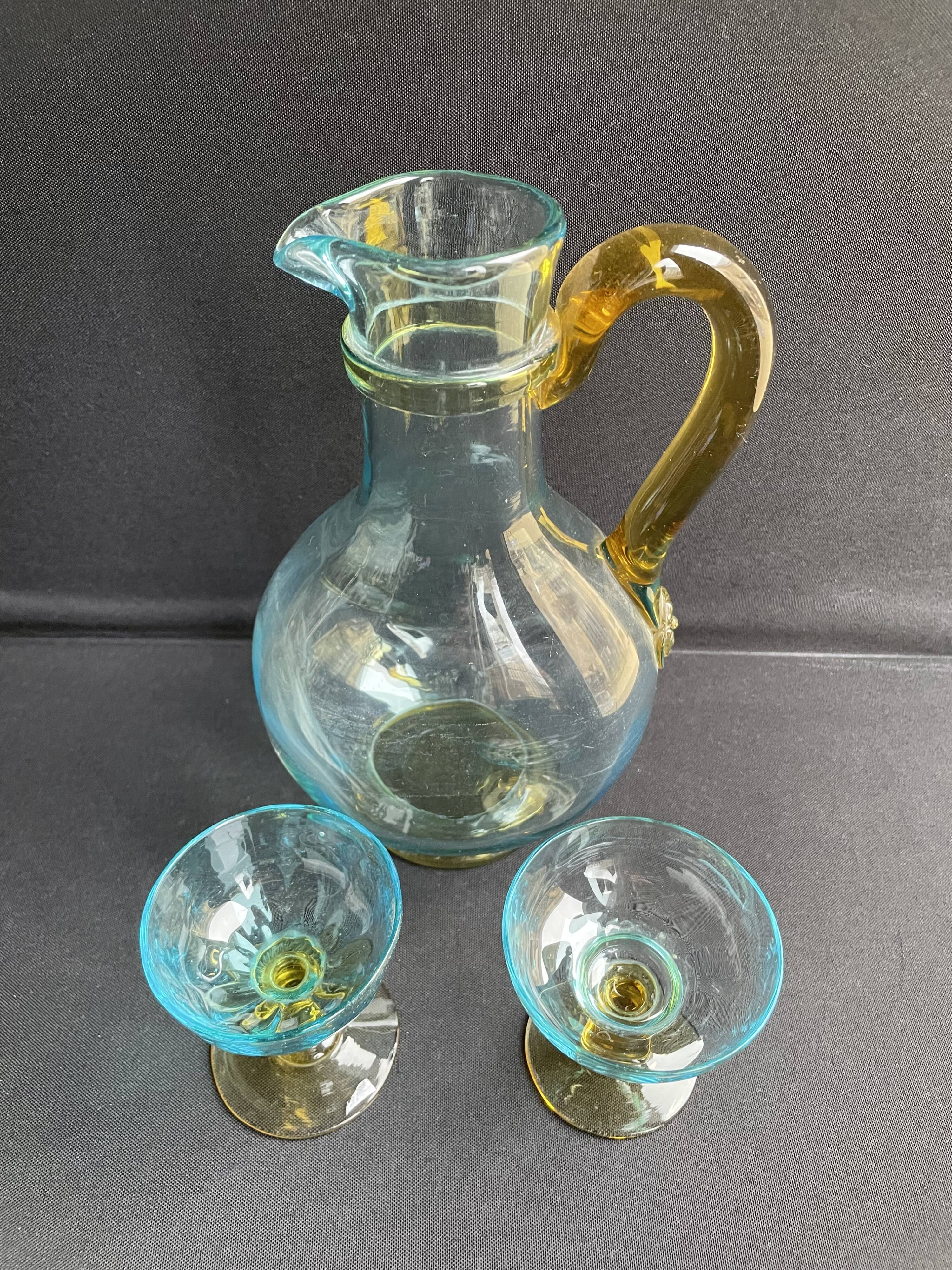 Glassware-crystallery of Portieux - 1 broc and 2 glasses - Napoleon III - Colored blown glass - G
