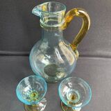 Glassware-crystallery of Portieux - 1 broc and 2 glasses - Napoleon III - Colored blown glass - G