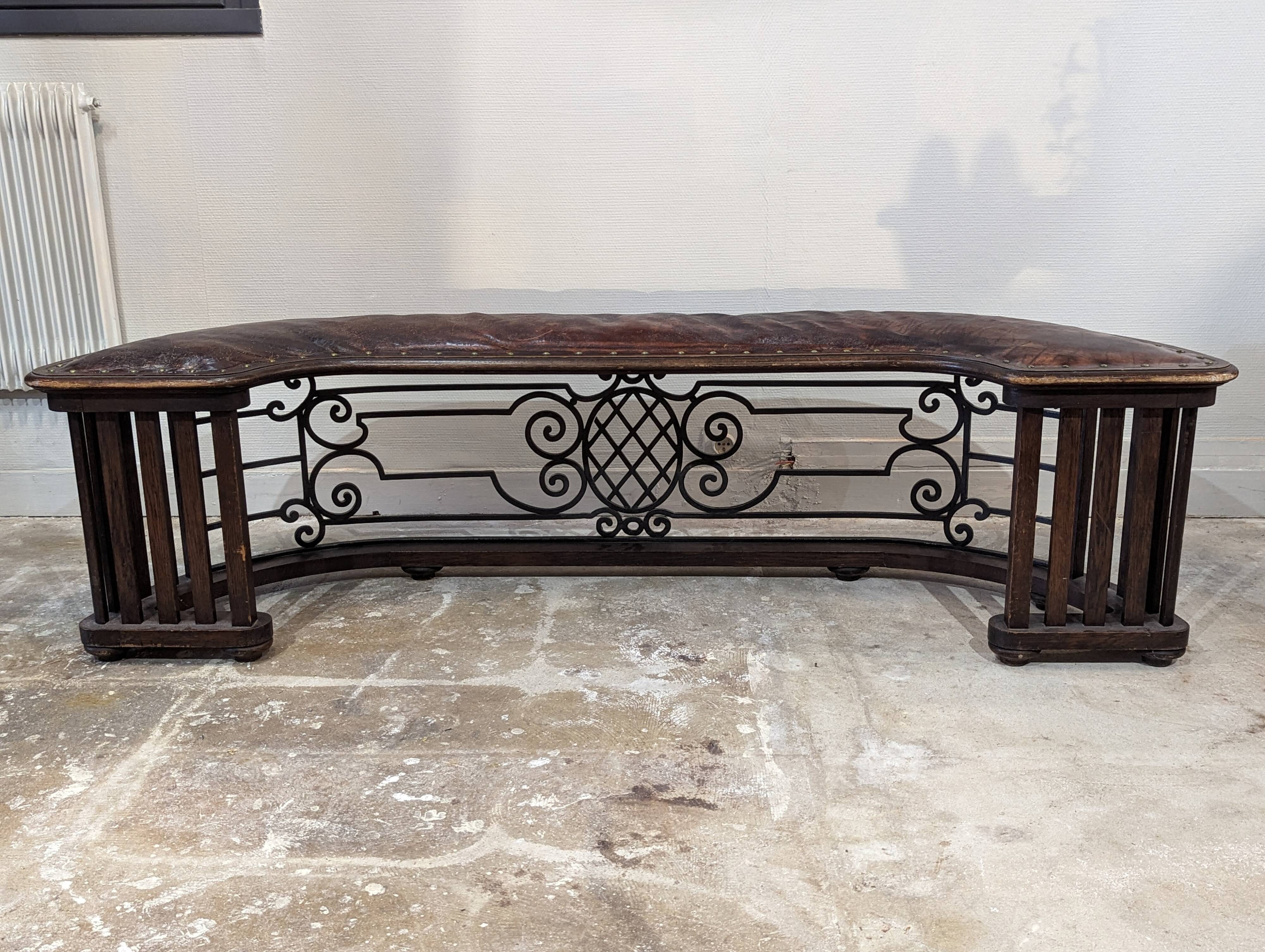 Old fireplace bench, wrought iron leather and oak