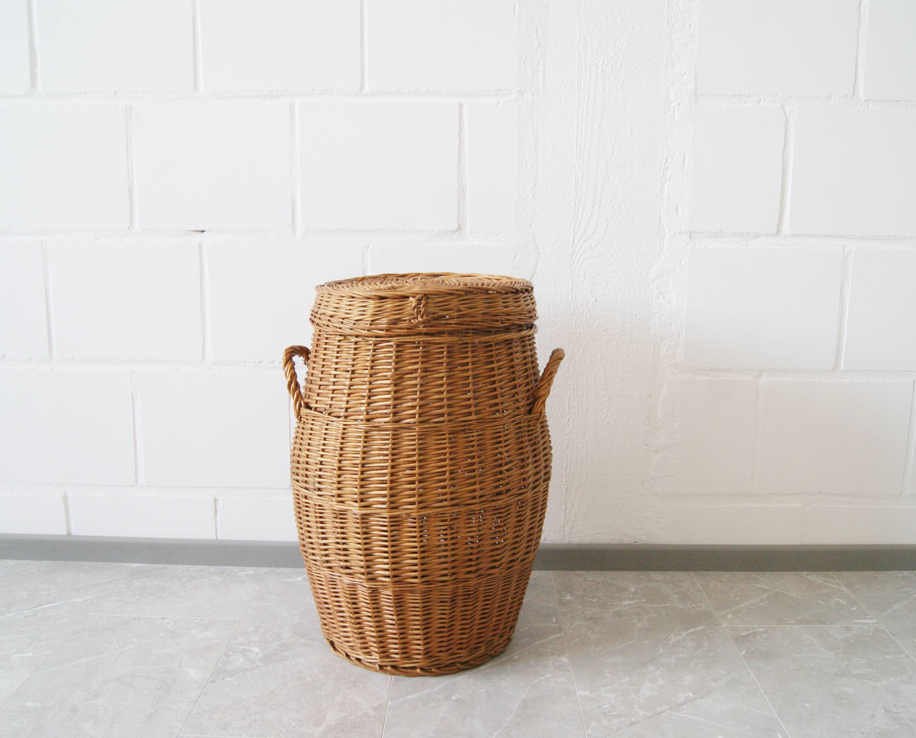 large round basket with lid, wicker basket, rattan basket, laundry container