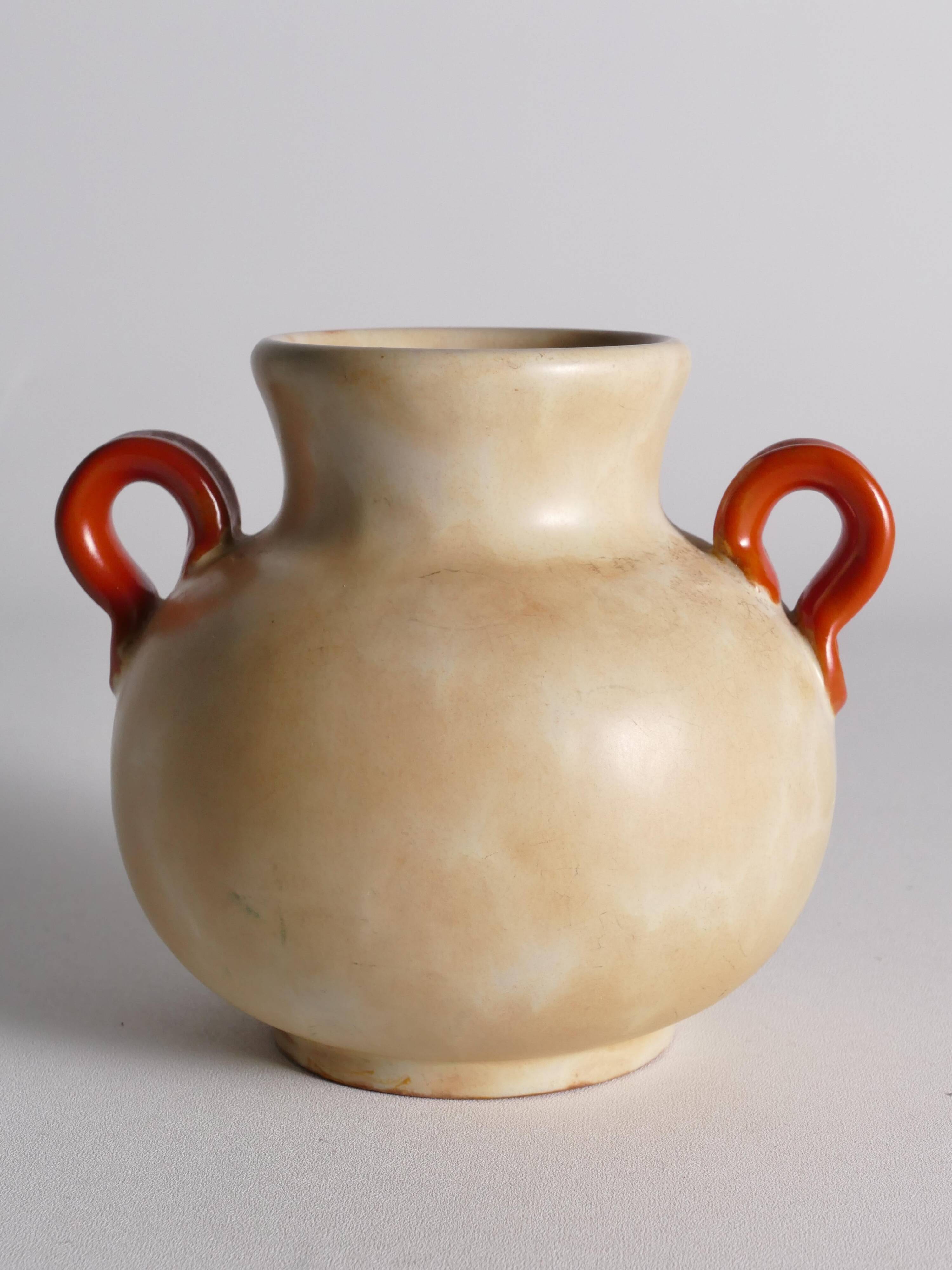 Art Deco Ceramic Beige Vase with Red Handles by Anna-Lisa Thomson, Upsala Ekeby
