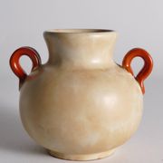 Art Deco Ceramic Beige Vase with Red Handles by Anna-Lisa Thomson, Upsala Ekeby
