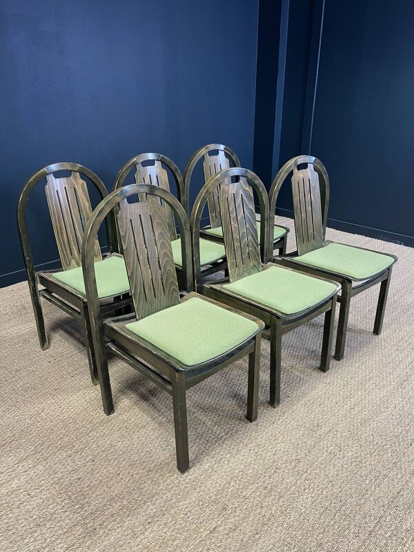Ensemble de 6 chaises bistrot Baumann Argos bois et tissu vert années 80 France