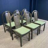 Set of 6 Baumann Argos bistro chairs in wood and green fabric from the 80s France