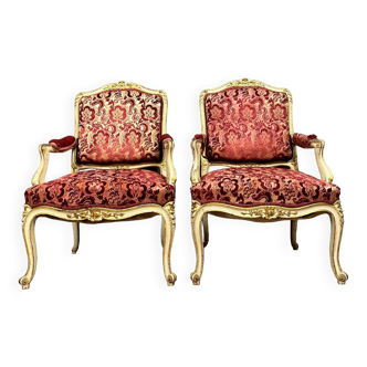 Pair of Armchairs a La Reine Louis XV style in lacquered and gilded wood circa 1850