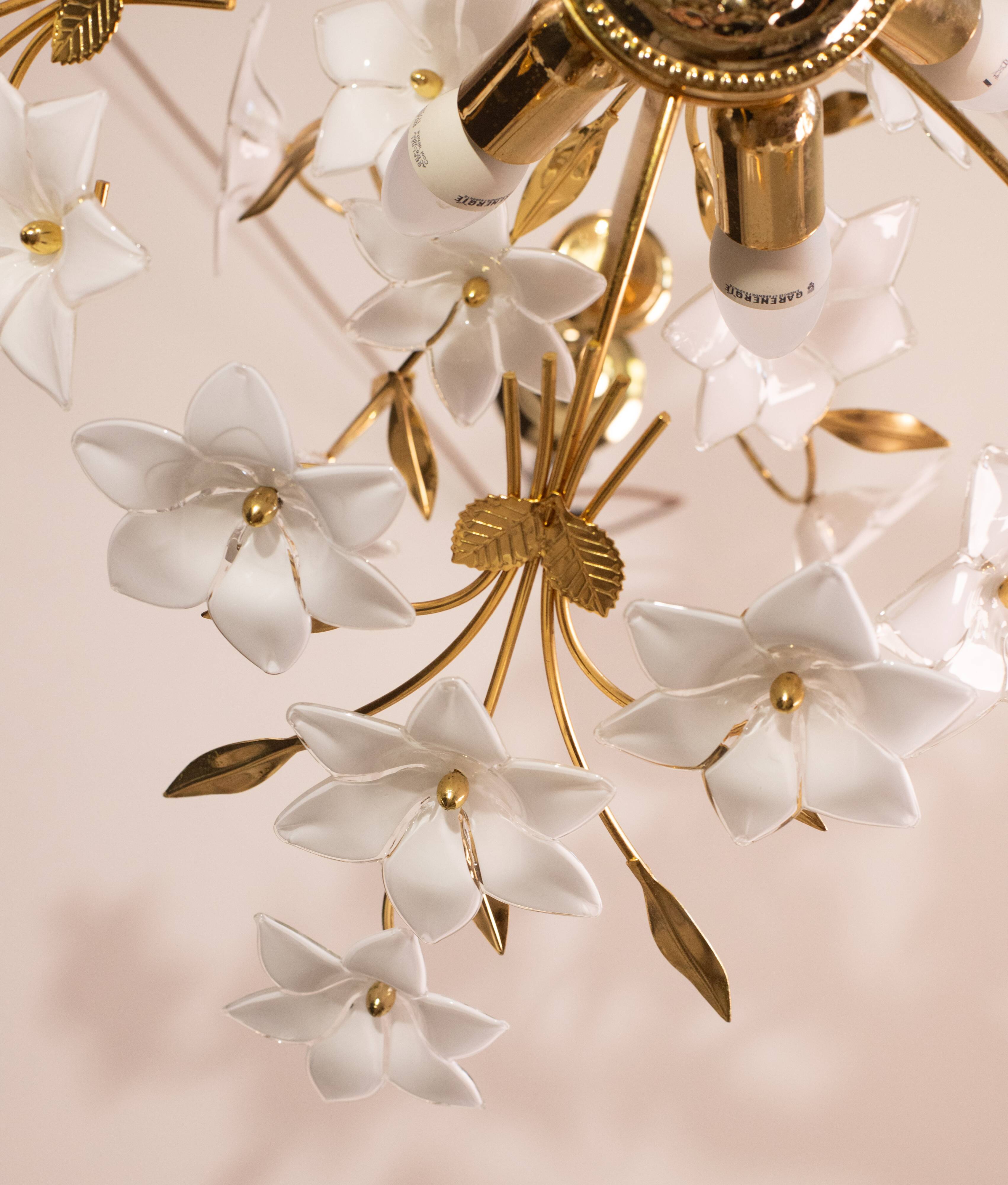 Vintage Murano Glass Chandelier White Flowers, 1970