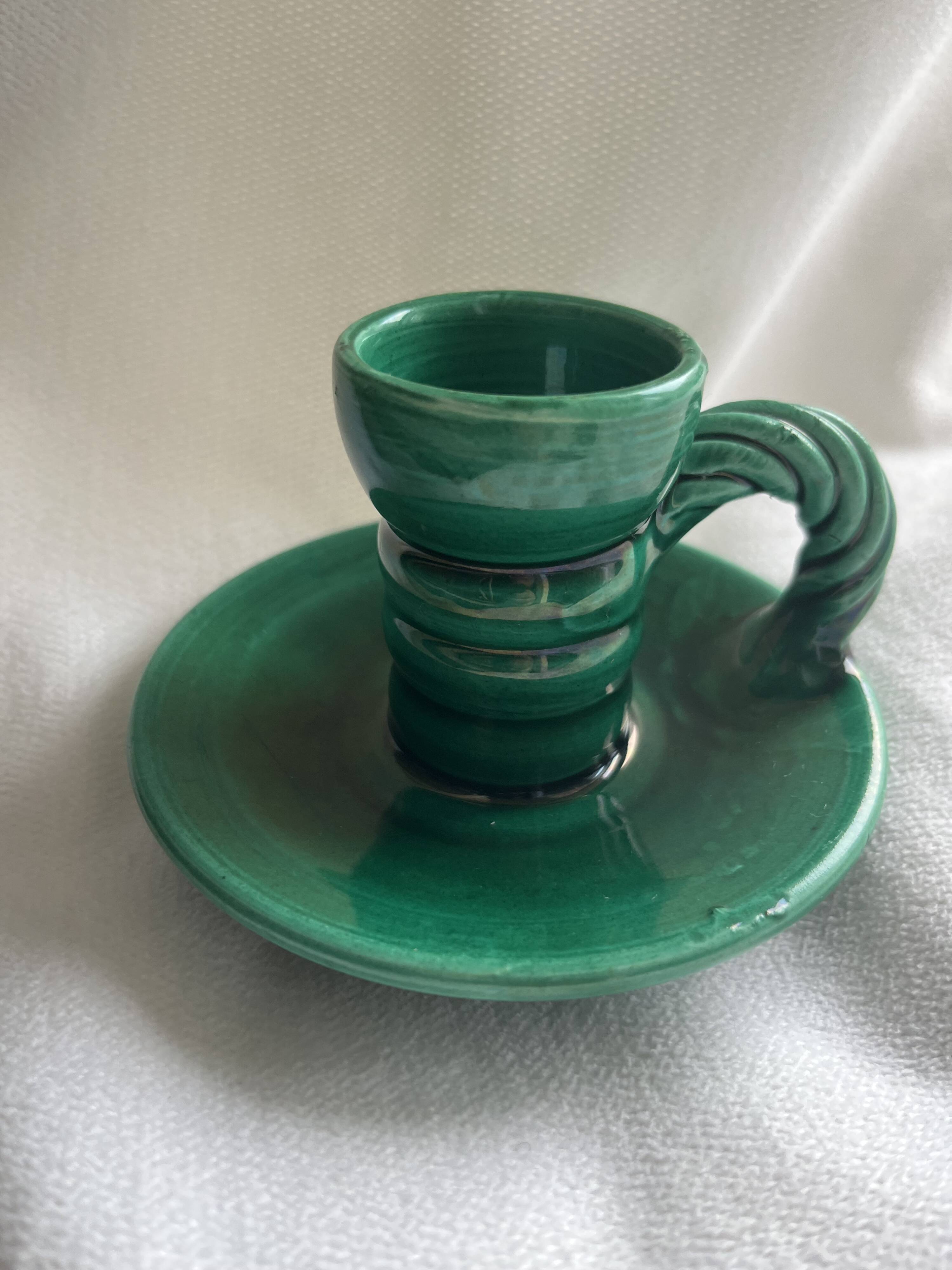 Vallauris green ceramic candlestick