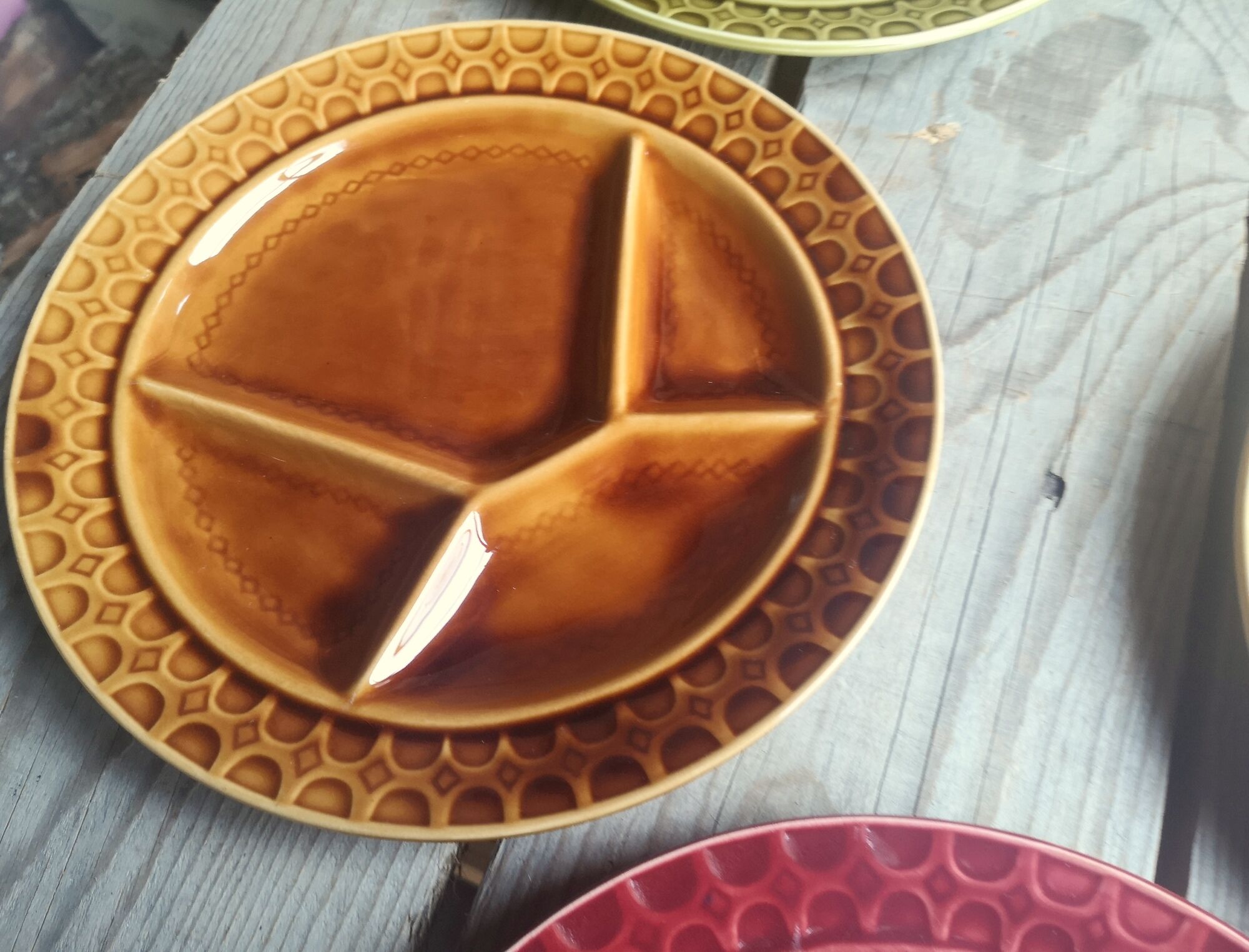 8 old ceramic fondue plates coloured Sarreguemines