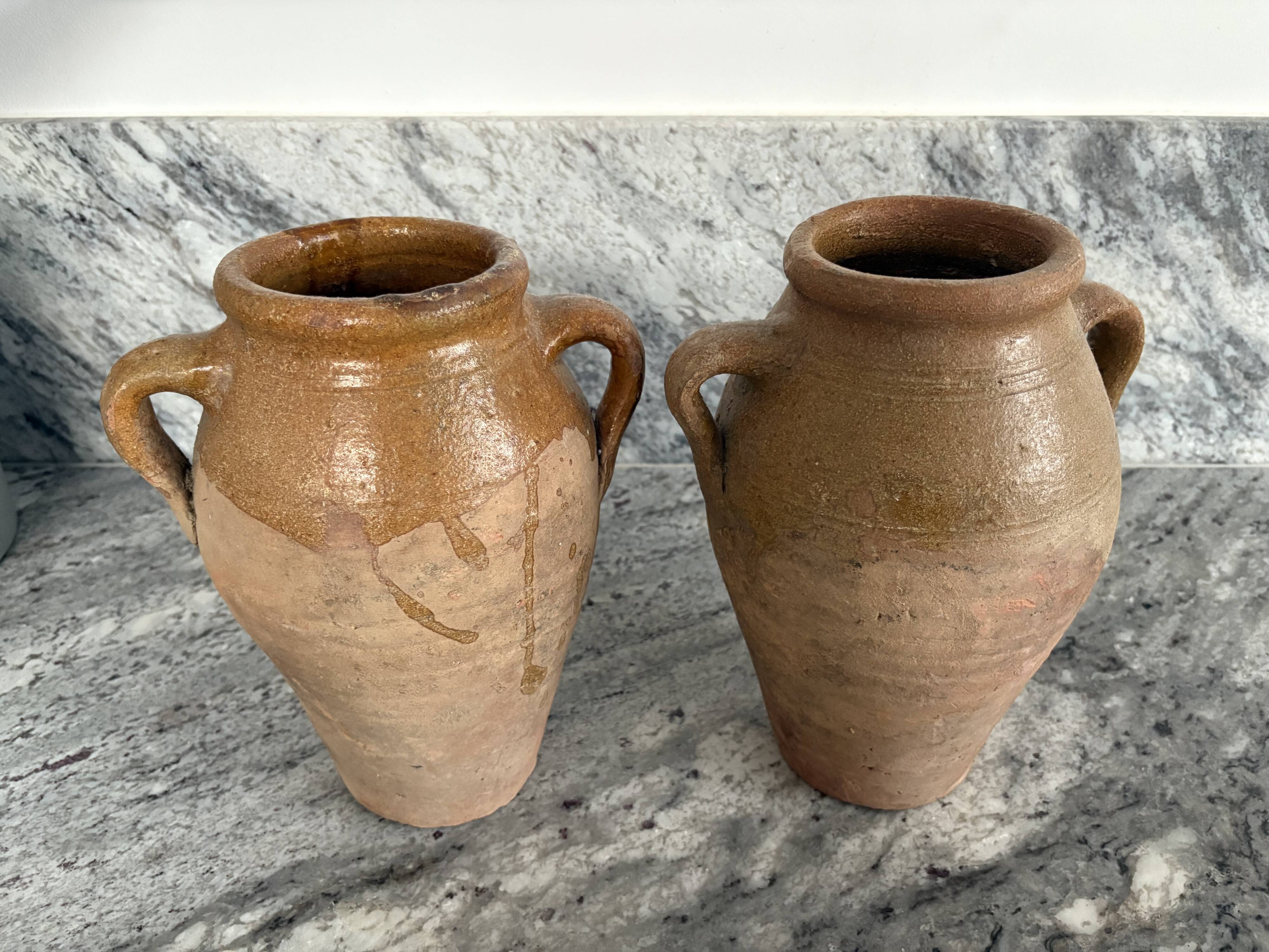 Pair of Provençal enamelled terracotta jars
