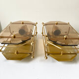 Pair of Scandinavian Vintage  wall light Sconce in Brass & Amber colored Glass