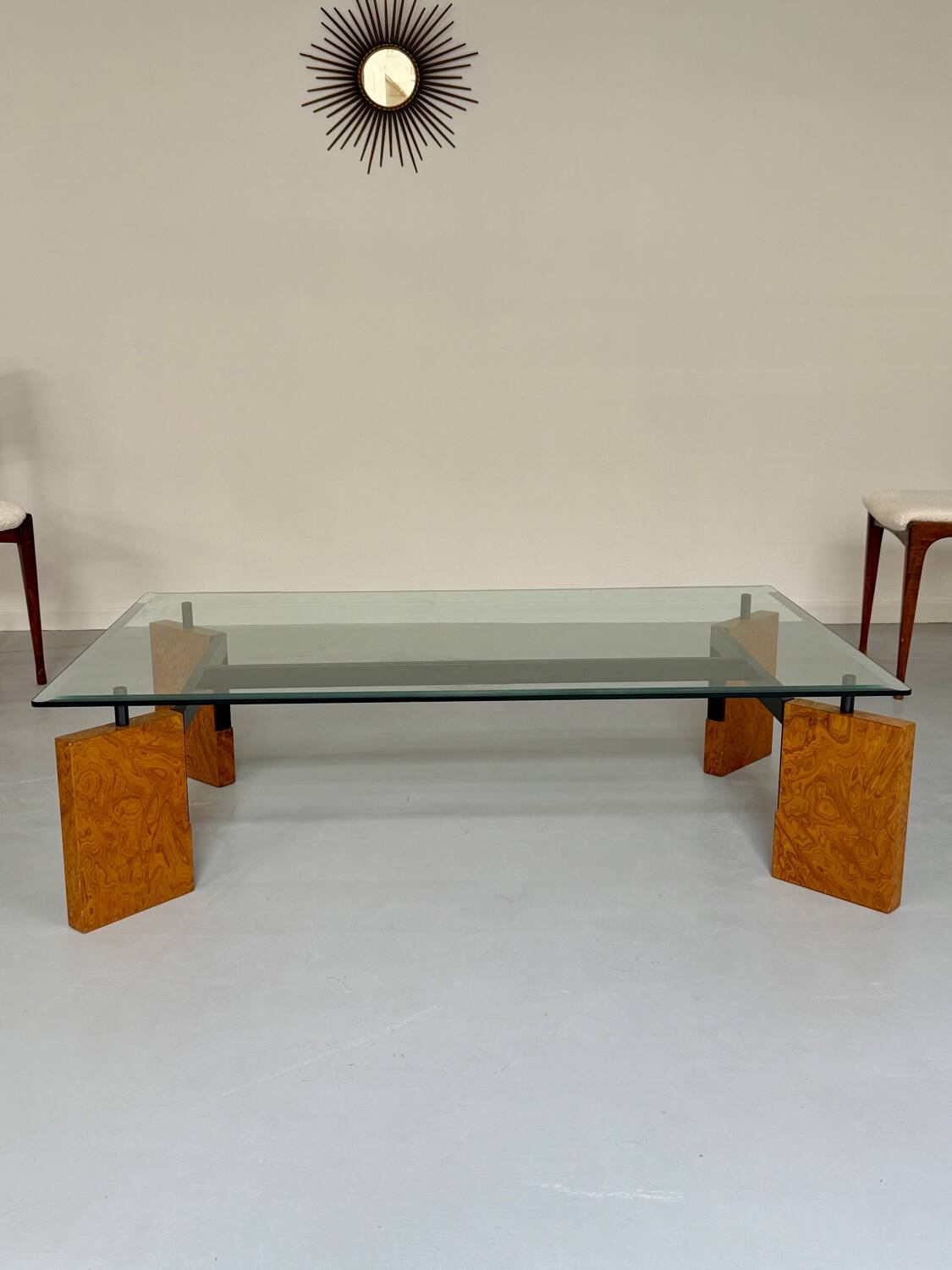Old coffee table in glass and magnifying glass, French design Paul Michel, year 70