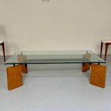 Old coffee table in glass and magnifying glass, French design Paul Michel, year 70