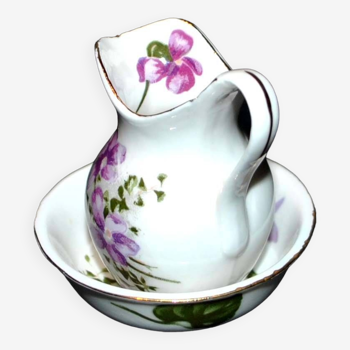 Miniature porcelain pitcher and toilet basin with violet flower decoration - Dinette Dollhouse