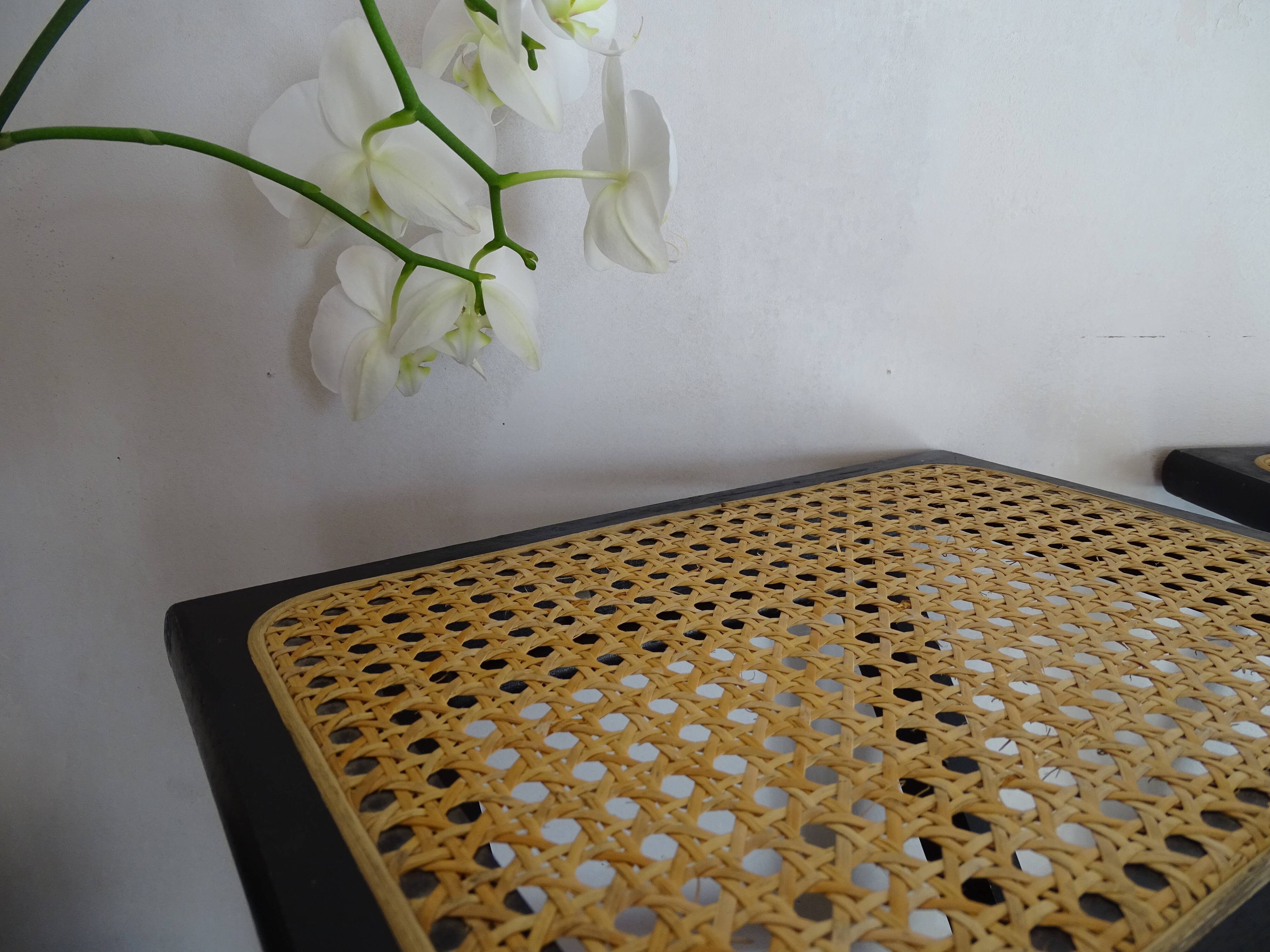 Pair of folding stools wood and wicker