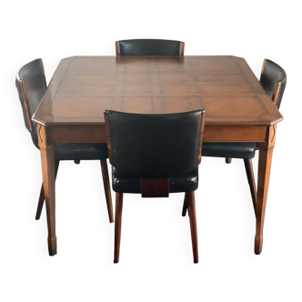 Table d'inspiration brutaliste et 4 chaises en stratifié palissandre