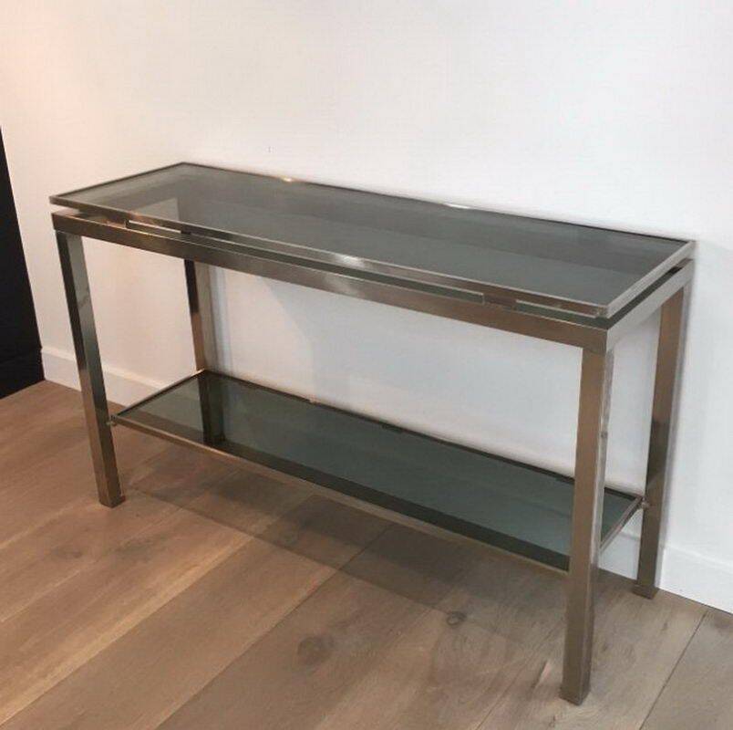 Beautiful console table in brushed metal with bluish glass shelves
