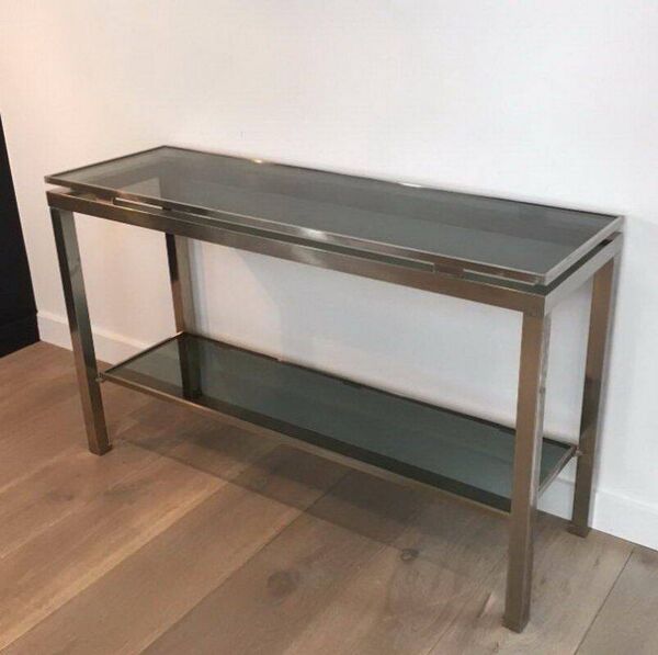 Console en métal brossé et plateaux en verre bleuté