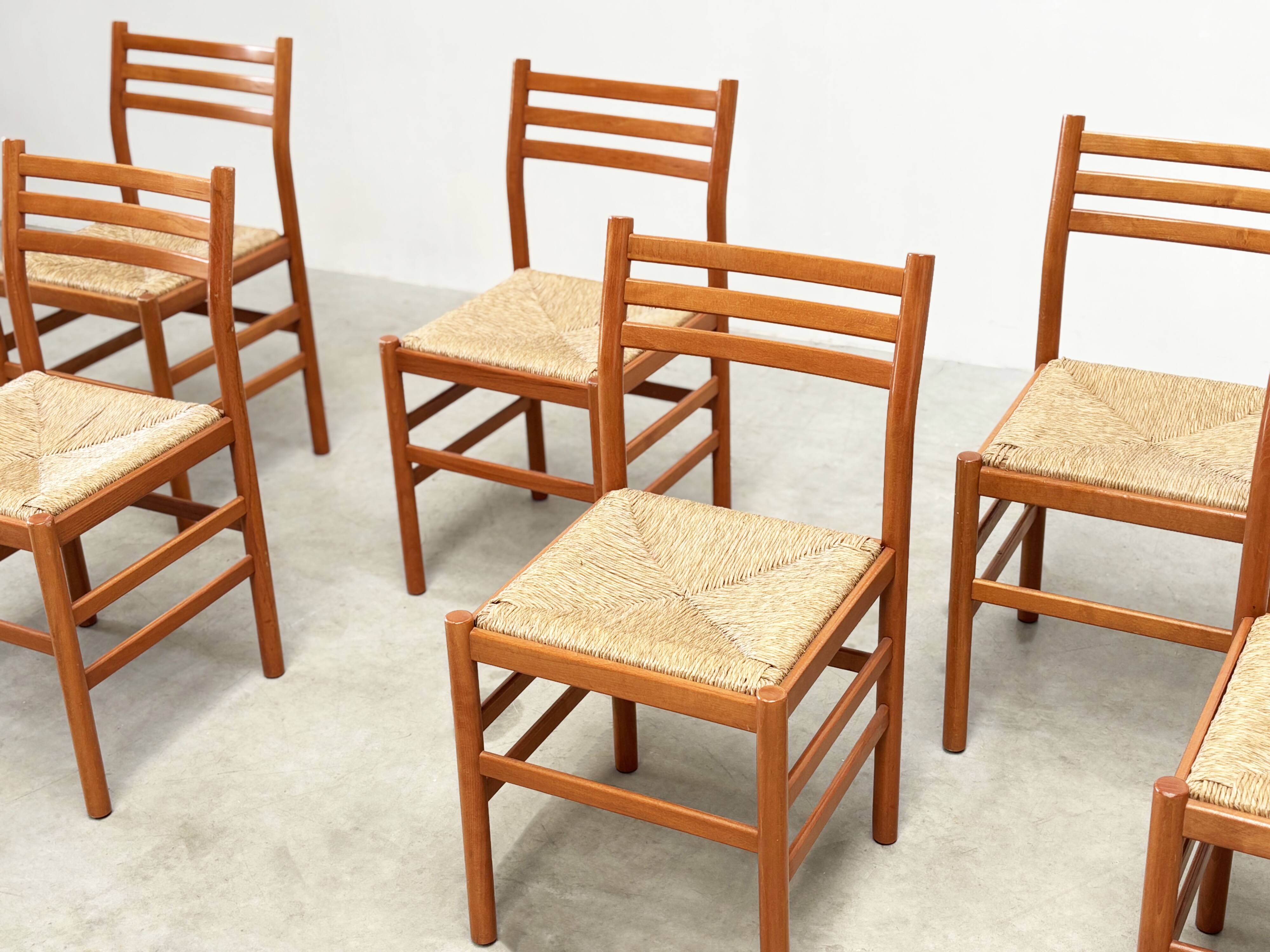 Set of six walnut and rattan dining chairs