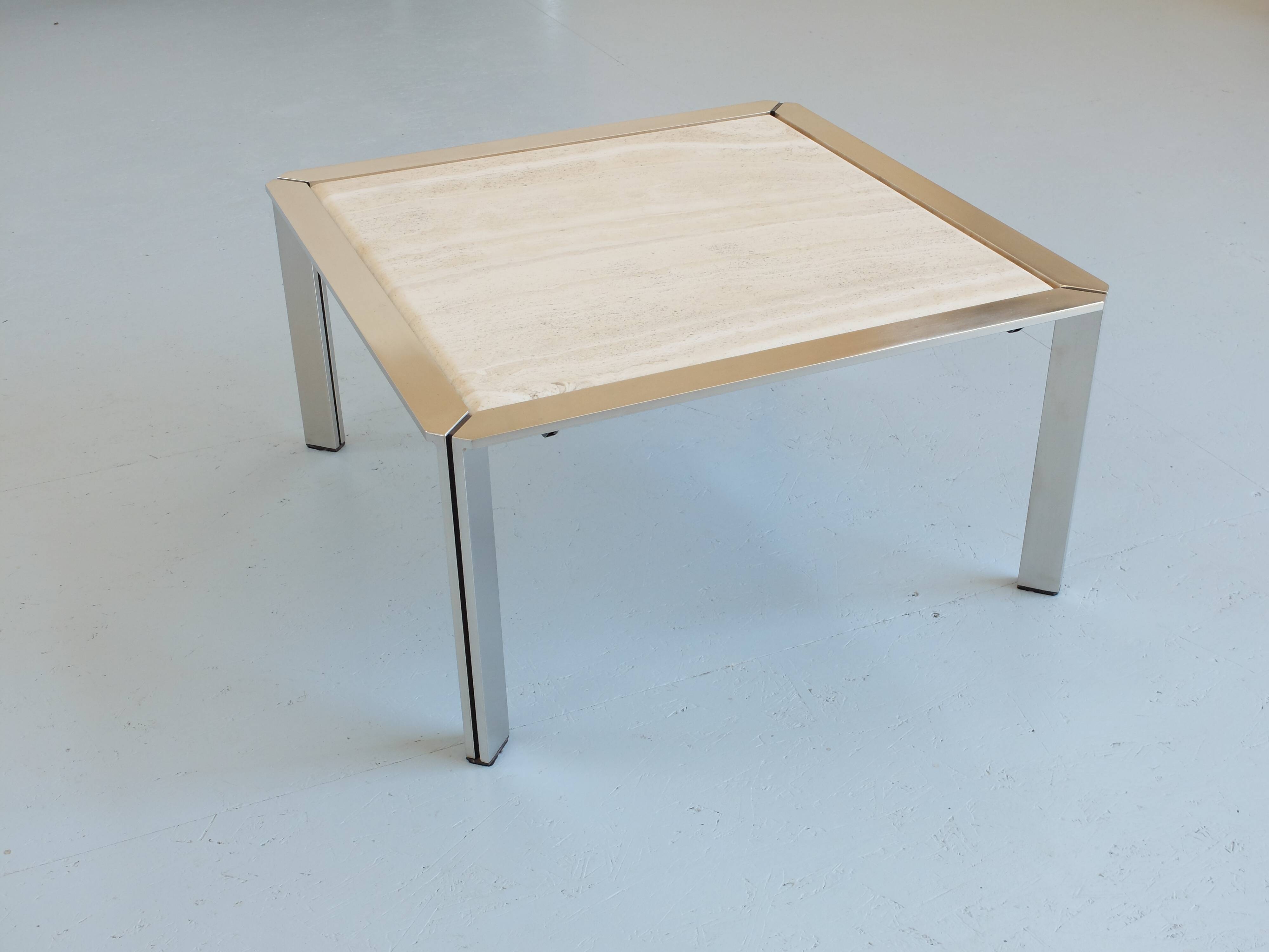 Chrome and travertine coffee table, Artelano France, 1980s.