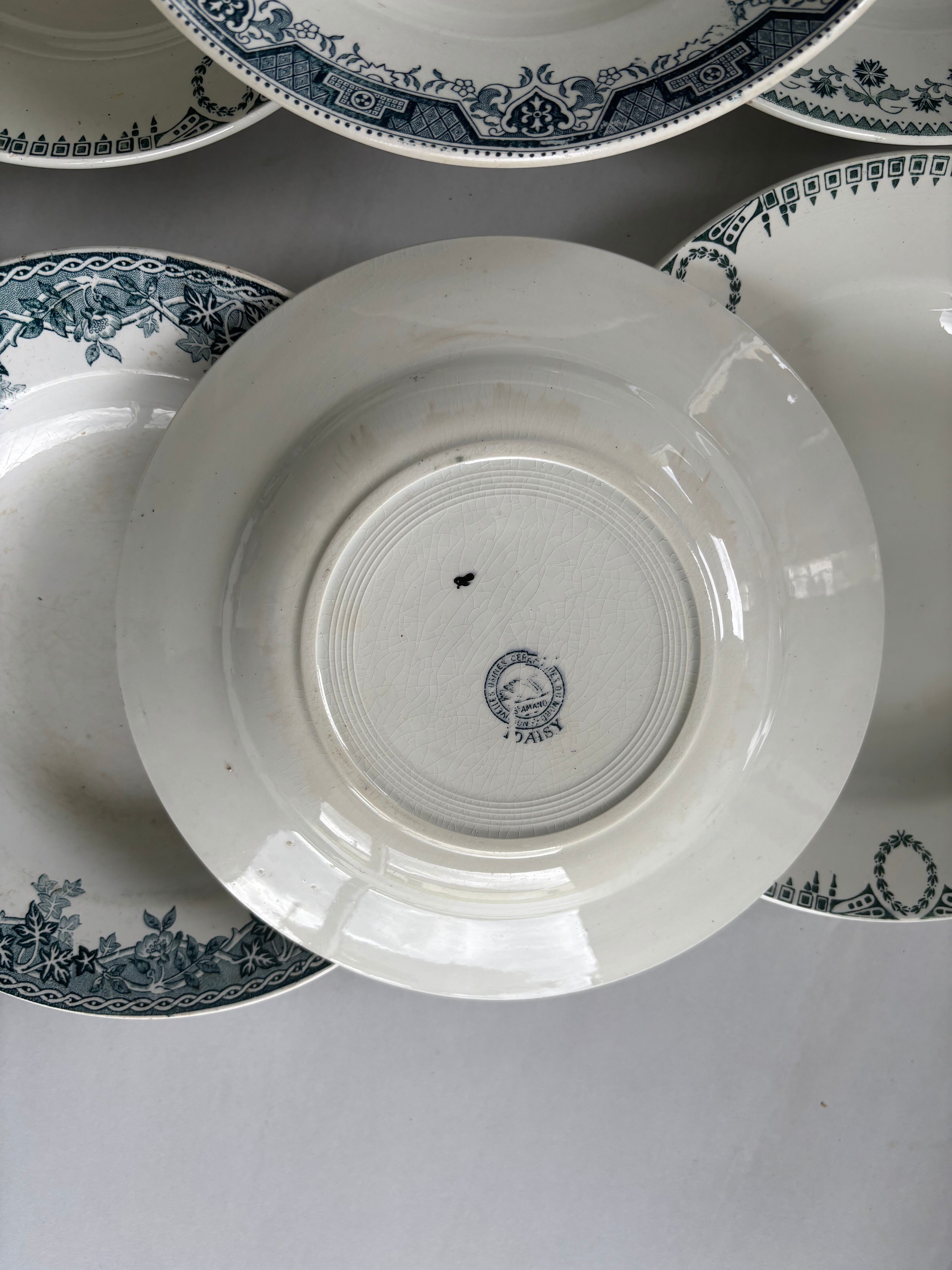 Set of 6 blue ironstone deep plates, antique French earthenware.
