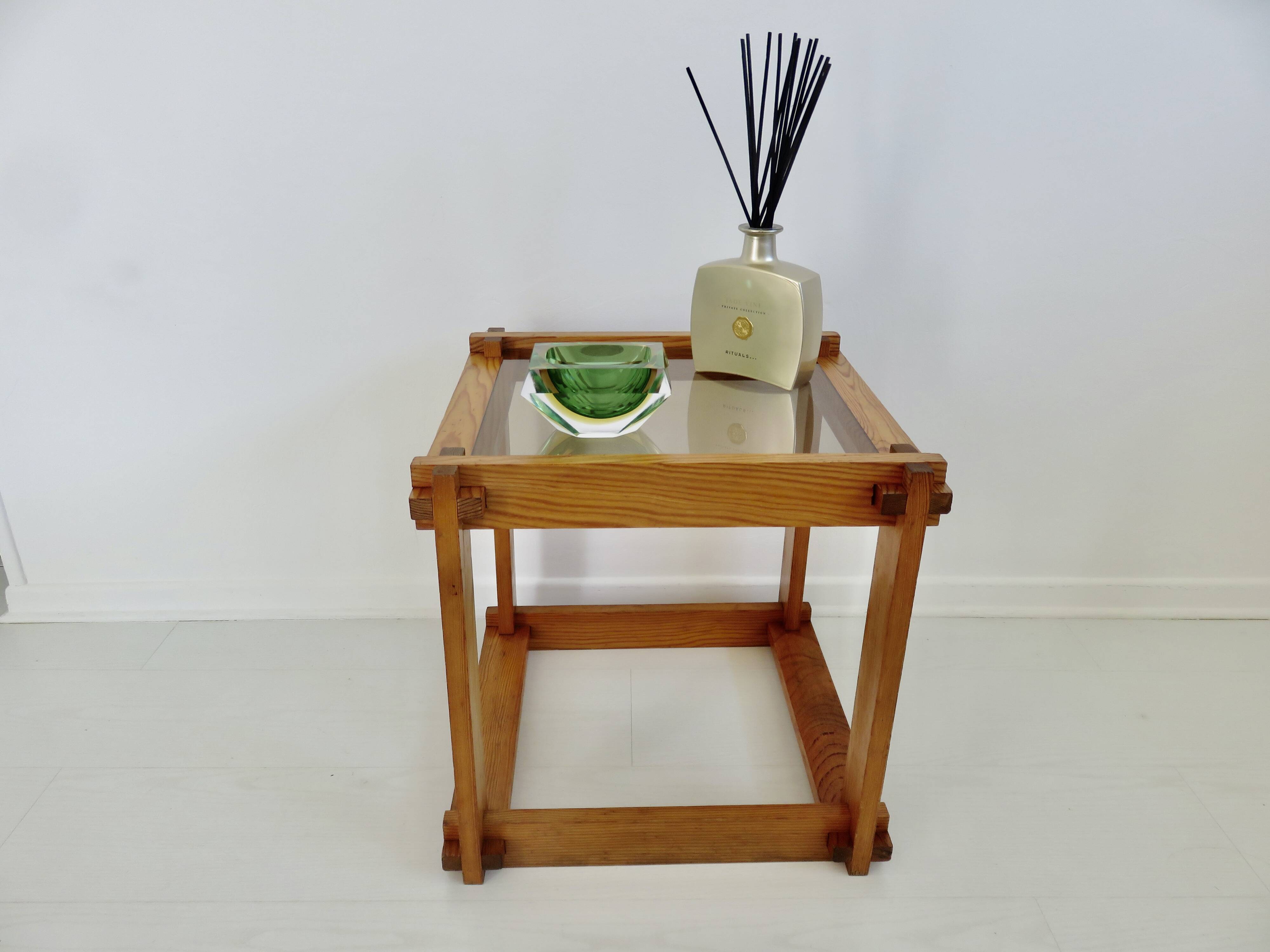 Scandinavian bedside table or side table in pine and smoked glass, 1980