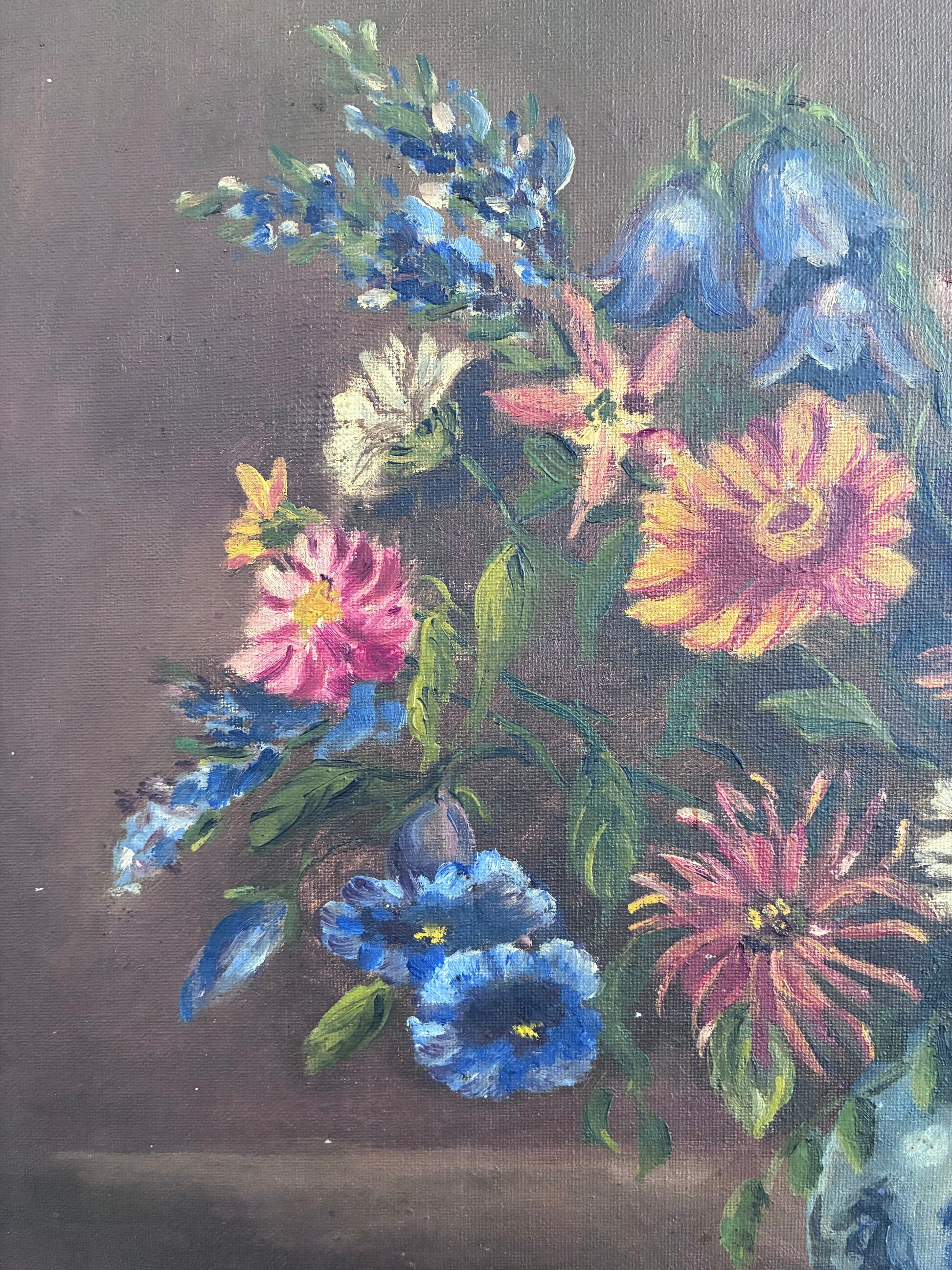 Peinture à l'huile florale vintage originale avec vase bleu et blanc.