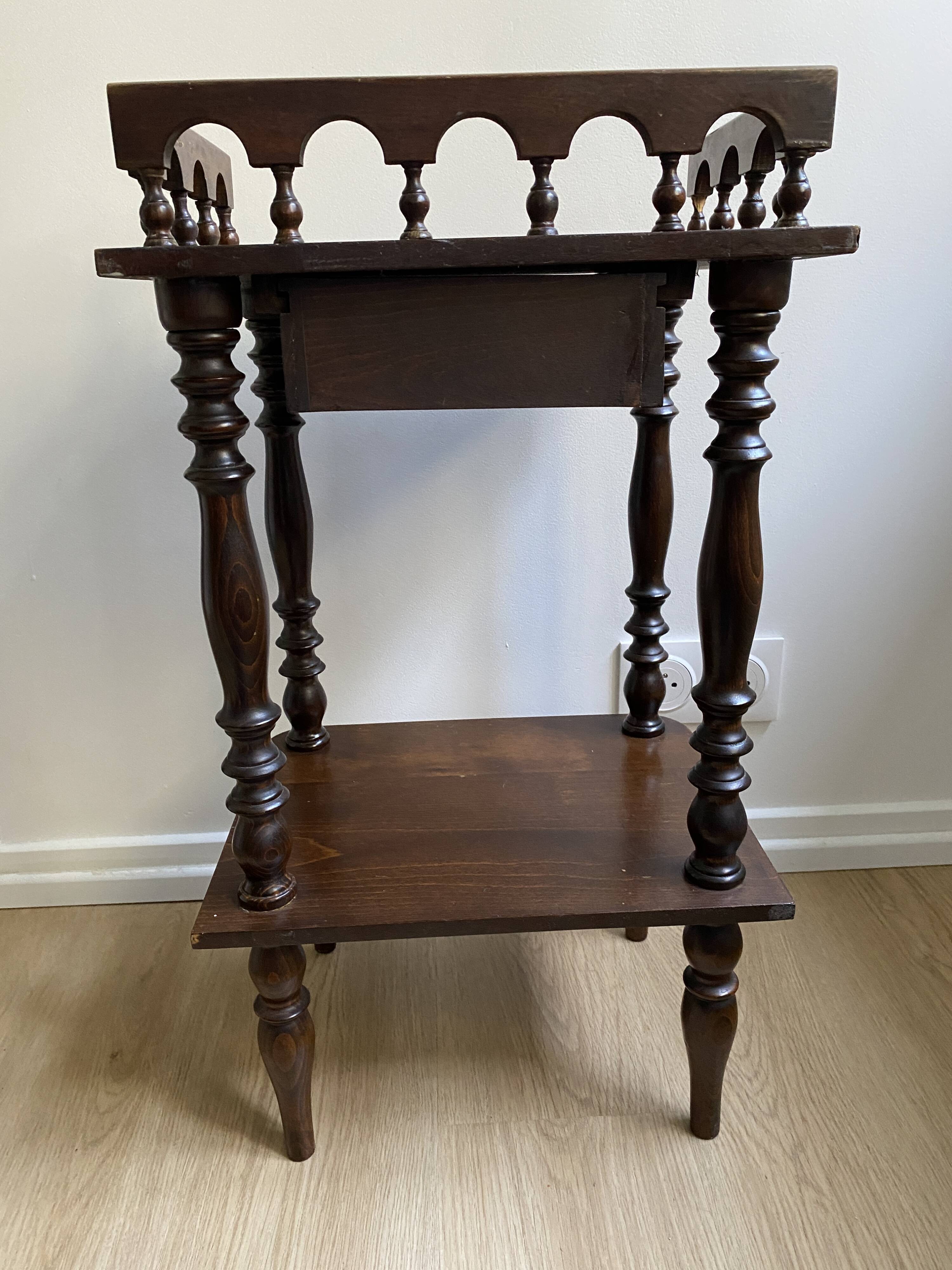 Nightstand, turned wooden bedside table opening with a drawer, vintage telephone table.