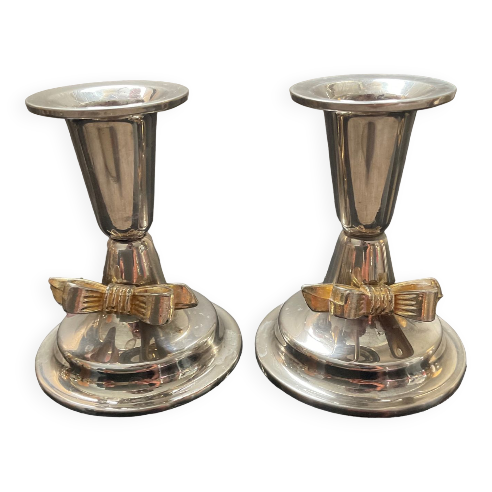 Pair of vintage candle holders in silver metal and brass
