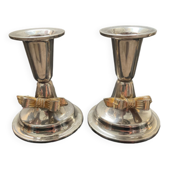 Pair of vintage candle holders in silver metal and brass