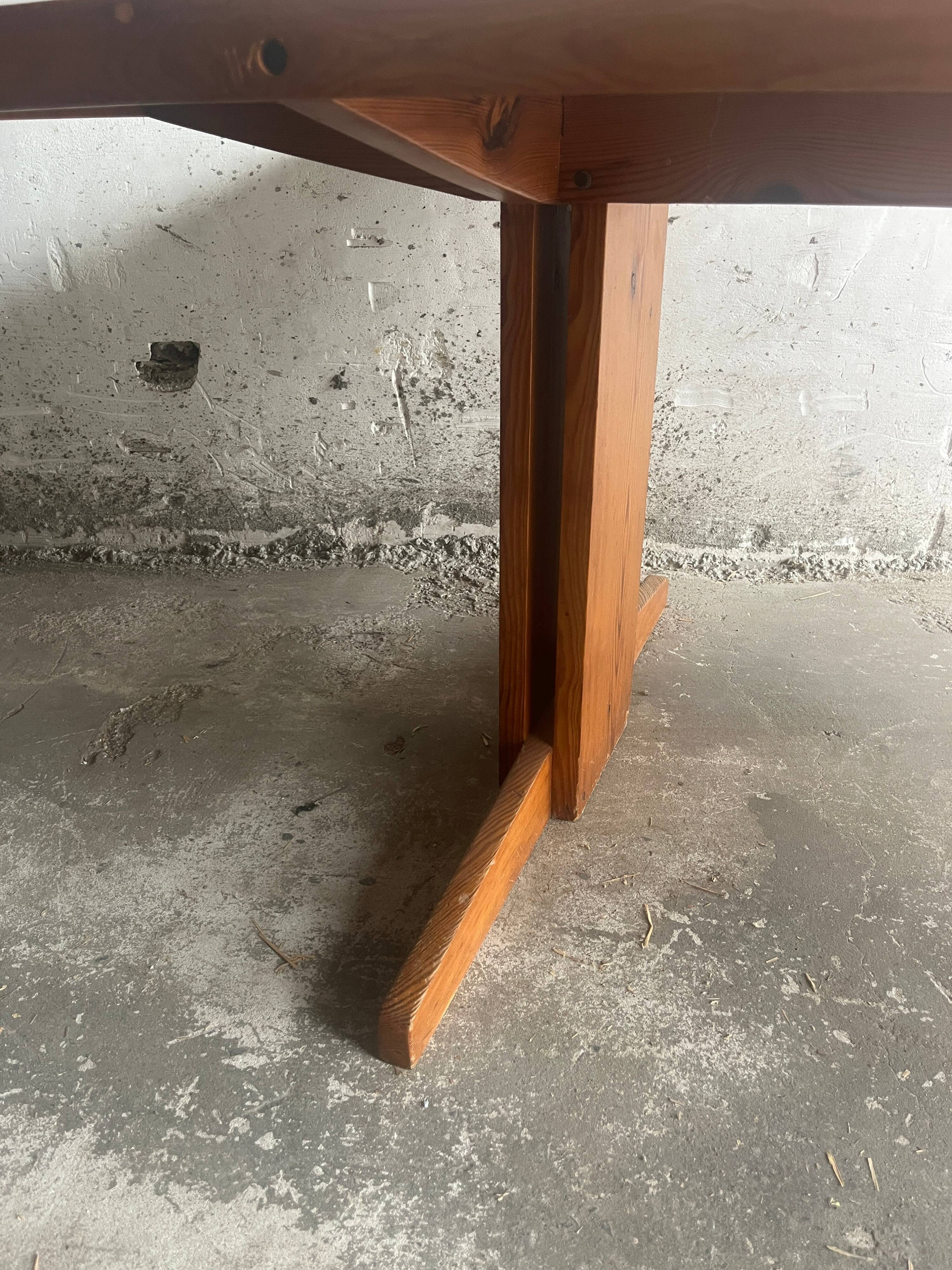 Brutalist Honey-Brown Pine Trestle Dining Table,  1970s France