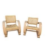 Vintage Audoux and Minet chairs in rope and wood.