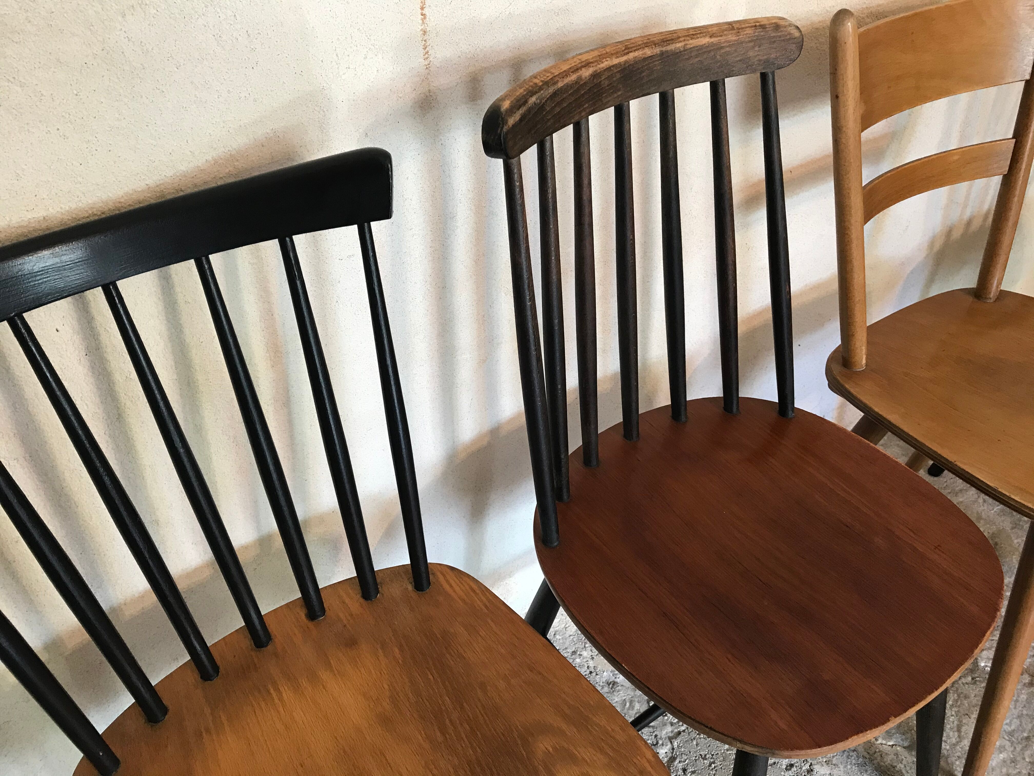 Set of 4 mismatched vintage chairs compass feet