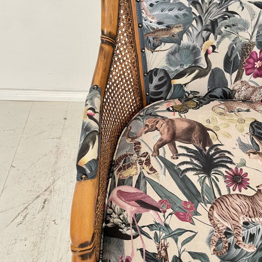 Mid-Century French Armchair in Bamboo Style with Animal Print Fabric, 1980