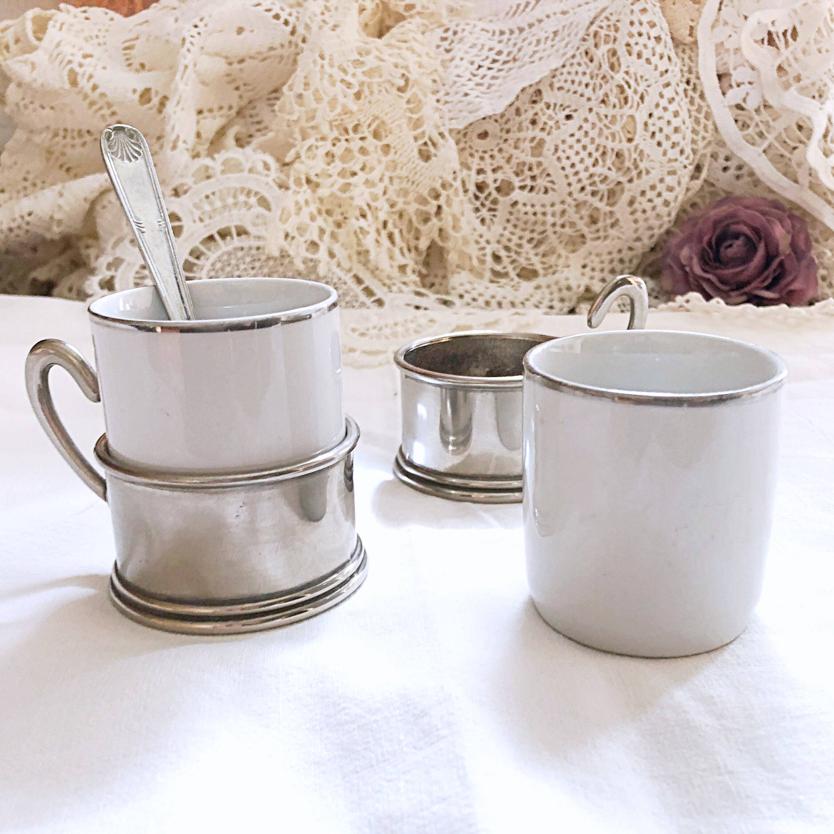 Duo Italian Porcelain Cups with Vintage Monopoly Pewter Holder