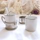 Duo Italian Porcelain Cups with Vintage Monopoly Pewter Holder