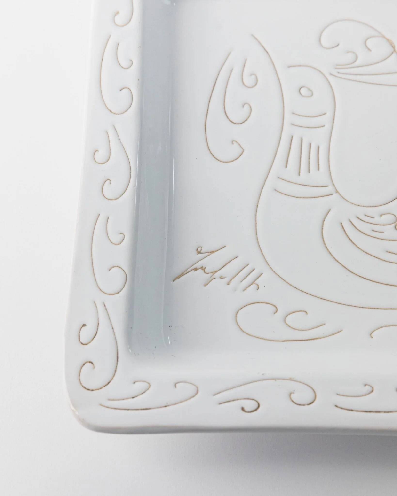 White Ceramic Plate with Etched Rooster Relief – Vintage Mid-Century Square Plate, Jacques Innocenti Style