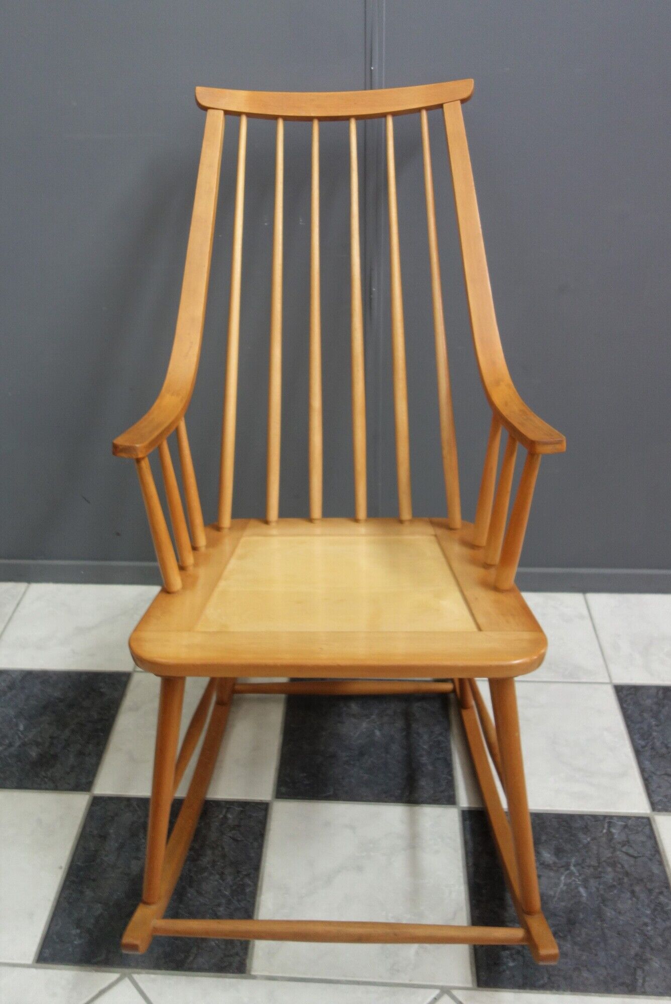 Mid century wooden rocking chair with blue upholstery  1960s
