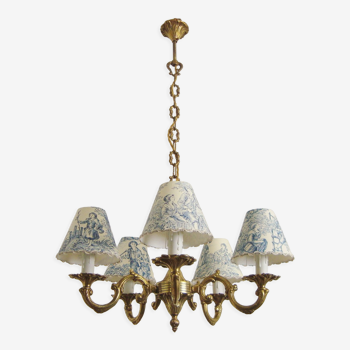 Vintage golden metal chandelier with five handmade toile de Jouy lampshades in France