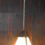Italian hanging lamp in brass opaline and teak from the 70s