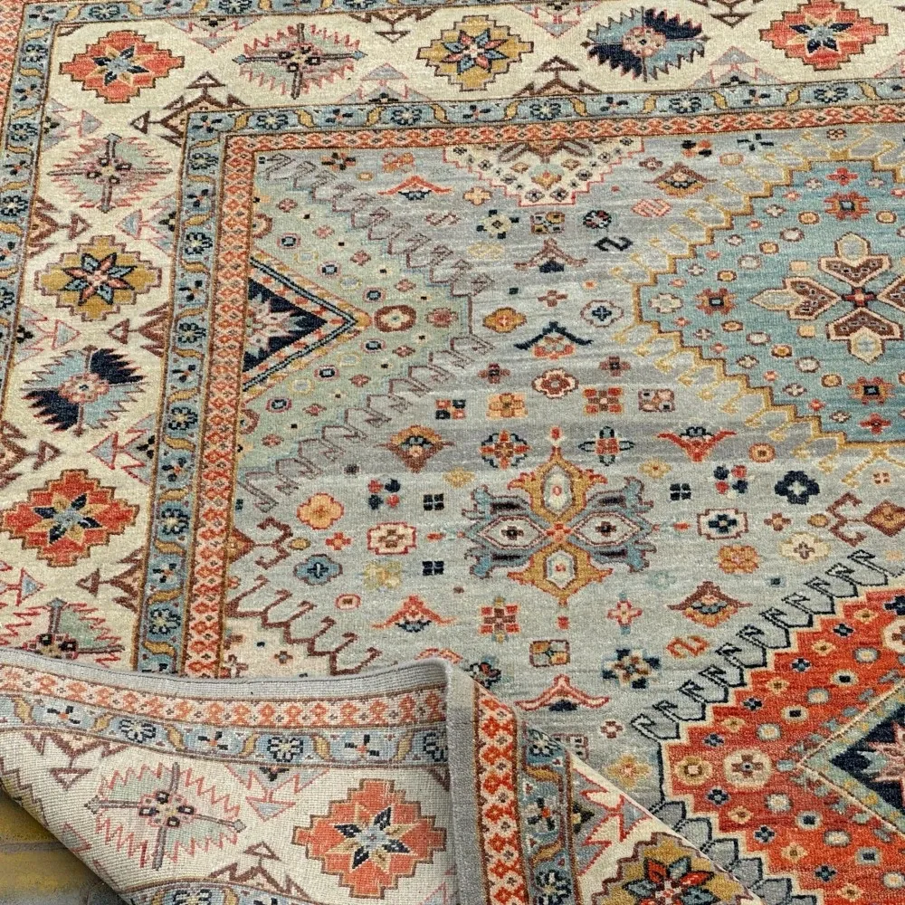 Modern Hand-Knotted Wool Area Rug for Living Room, Blue Geometric Medallion Design Carpet