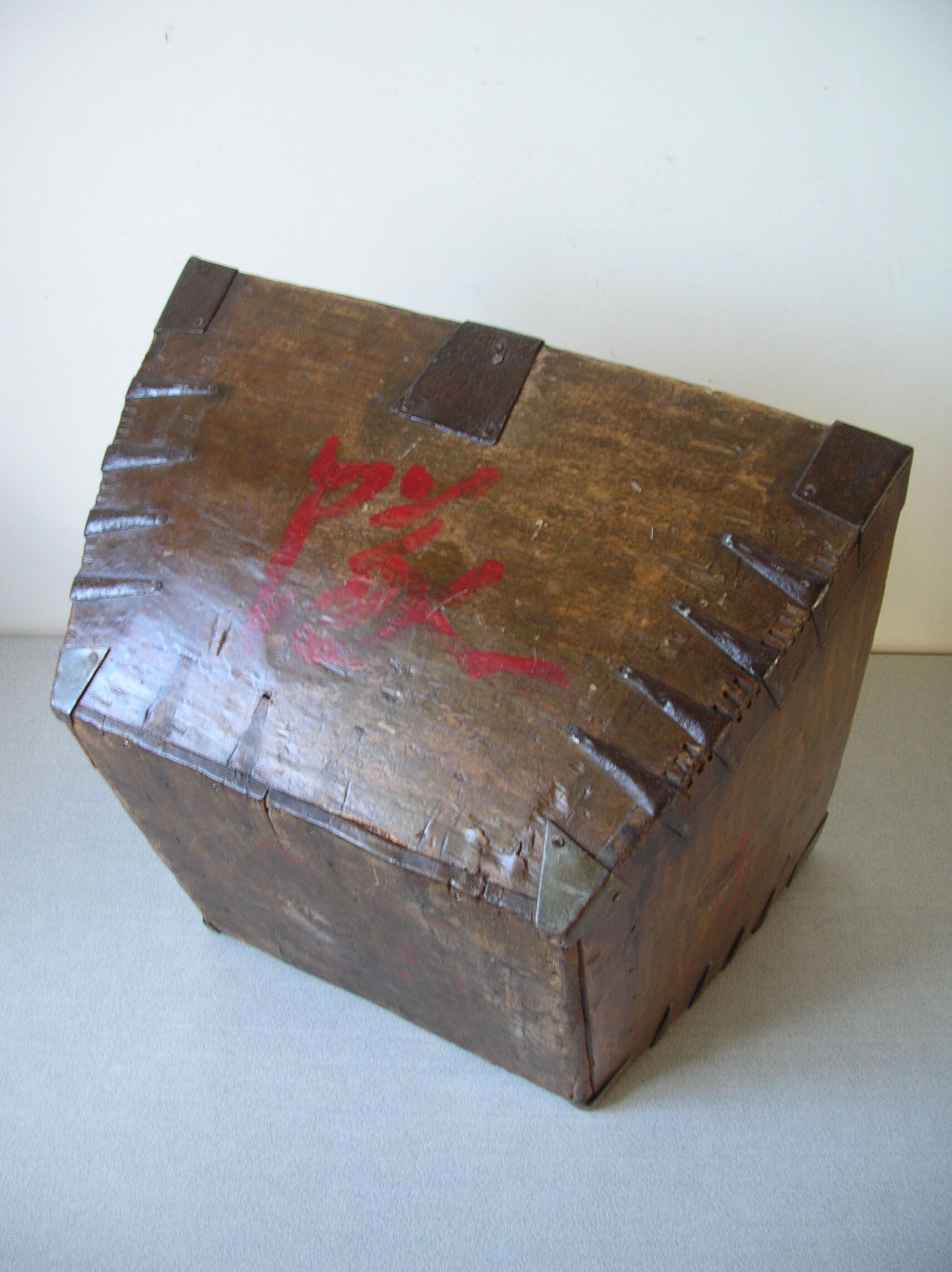 Old Asian Japanese Chinese rice basket in wood sinogram painted metal reinforcement