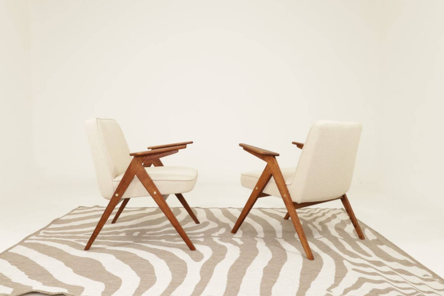 Fauteuils MID century chaise longue vintage en écru lot de 2 fauteuils