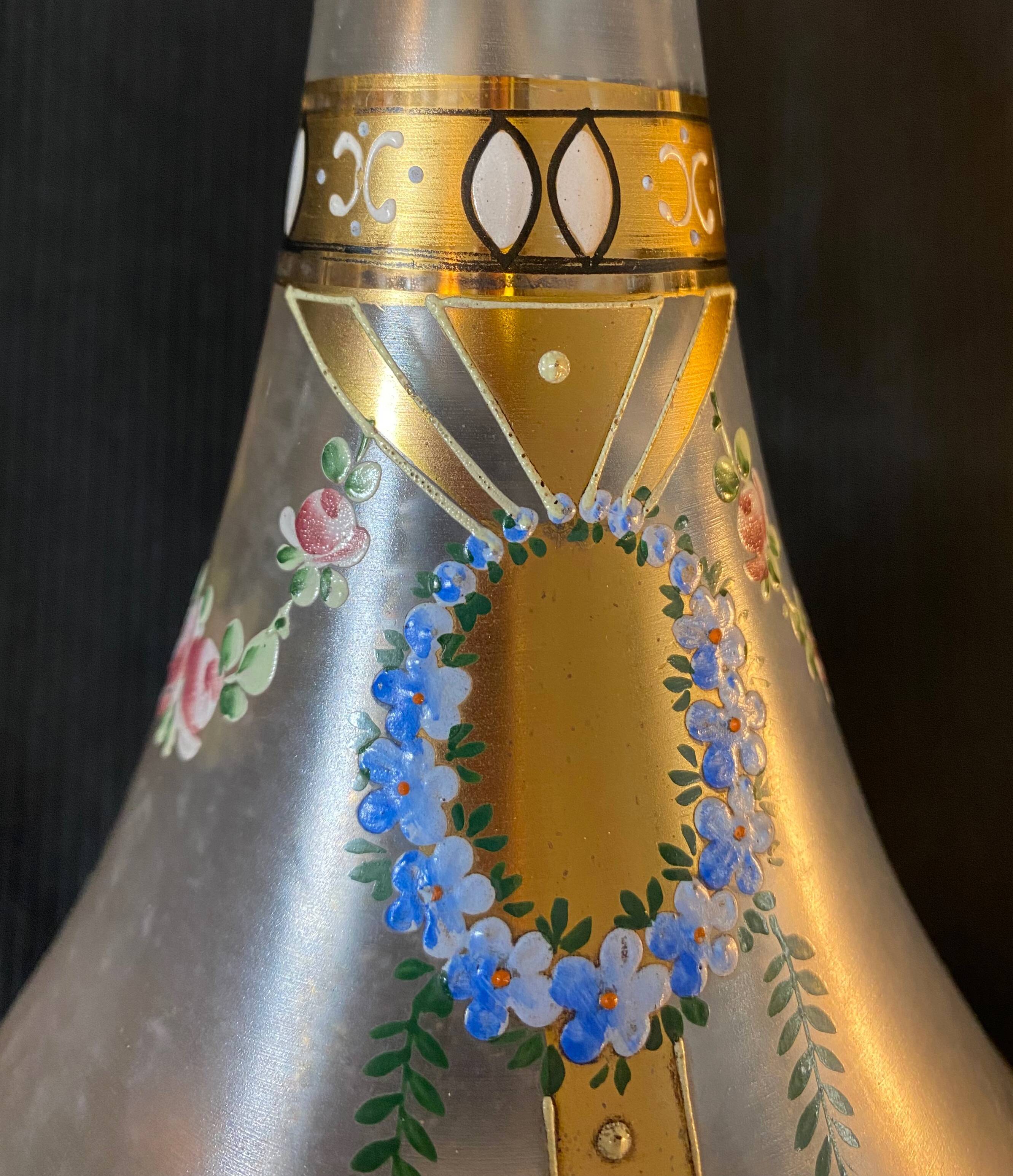 Small glass decanter decorations of enamel flower garland late nineteenth early twentieth