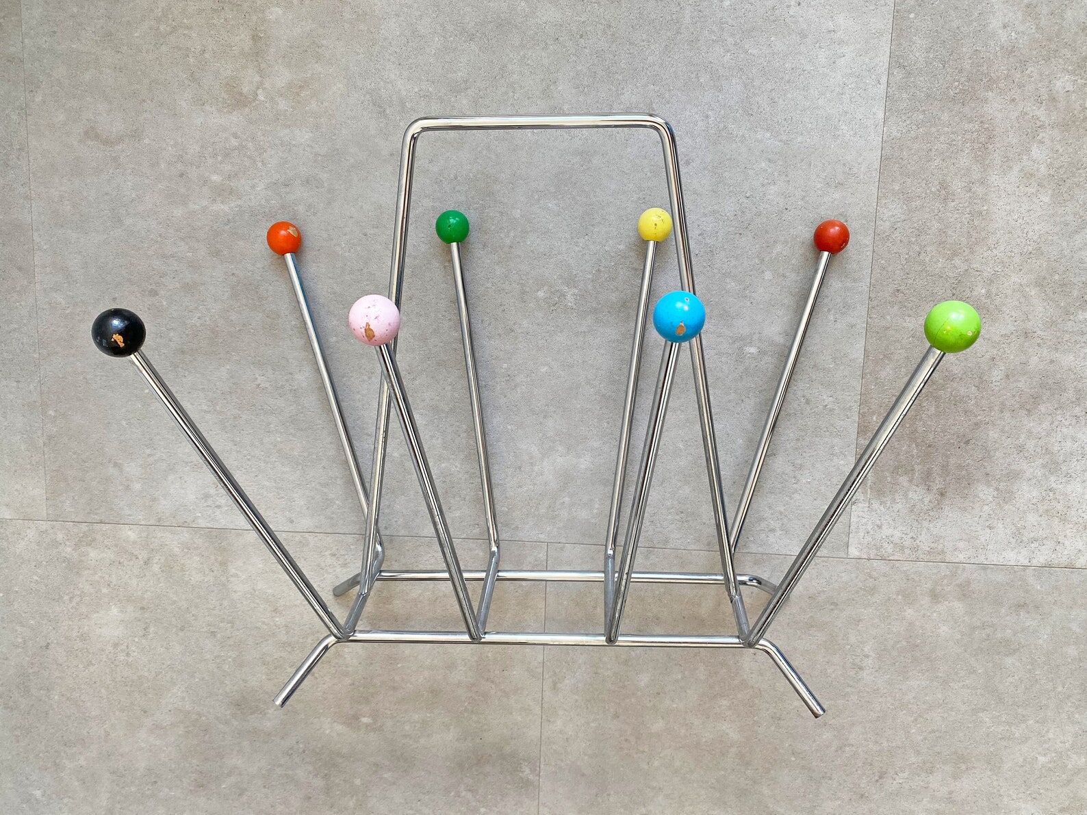 Colourful vintage chrome wire metal magazine rack, Mid Century atomic sputnik magazine stand