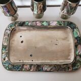 digestive service, glass and tray in silver metal Mexican abalone