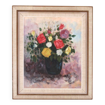 Huile sur toile européenne originale – “Vase” – Signé Willack – Vintage